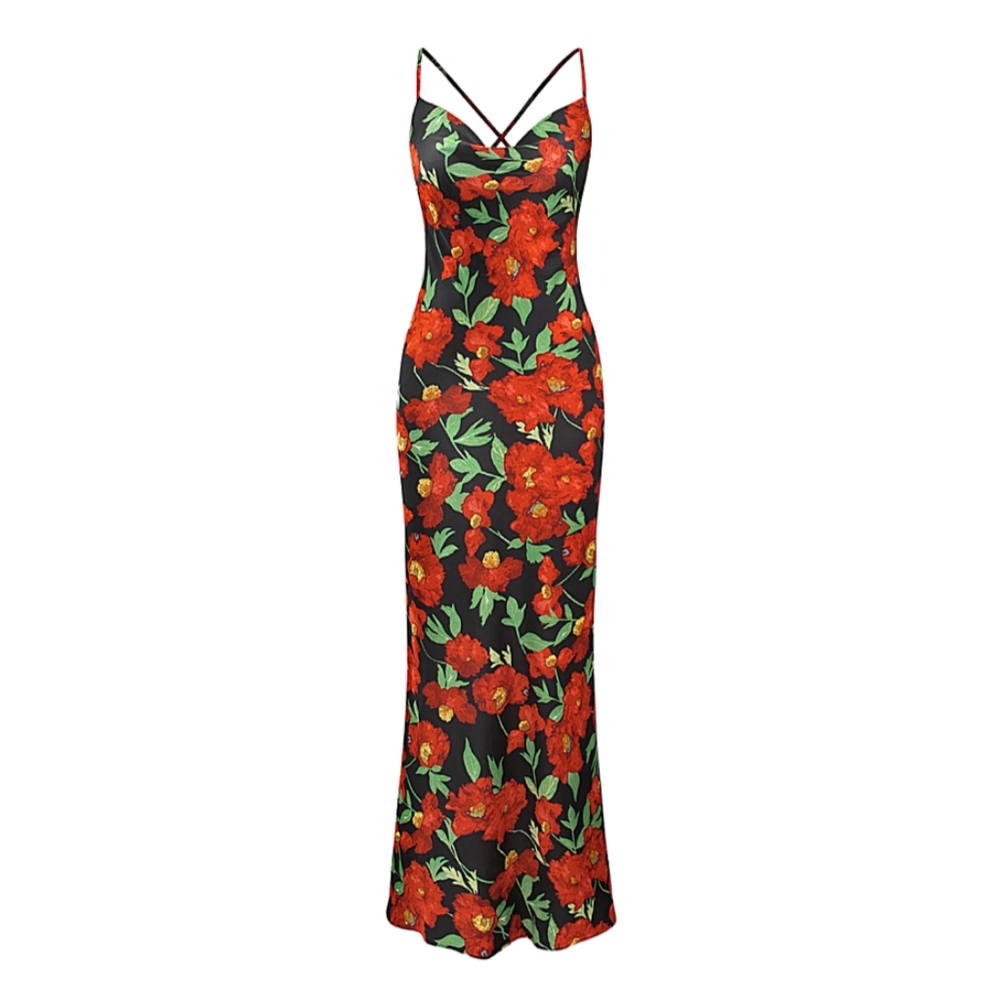 NWT Micas Red Black Floral Satin Open Cross Tie Back Flowy Long Maxi Dress